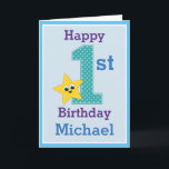 First Birthday Boy, Blue with Yellow Star Card<br><div class="desc">A blue number one decorated with light blue polka dots. A cute happy yellow star with big blue eyes. Below is a text template to add the birthday boy's name.</div>