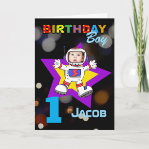 First Birthday Boy Cosmic Space Party Photo Card