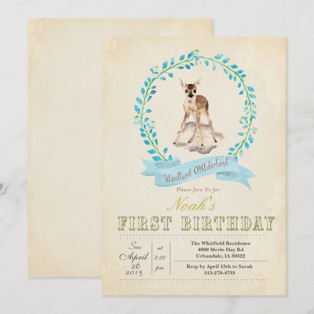 First Birthday Boy Deer Invitation (Front/Back)
