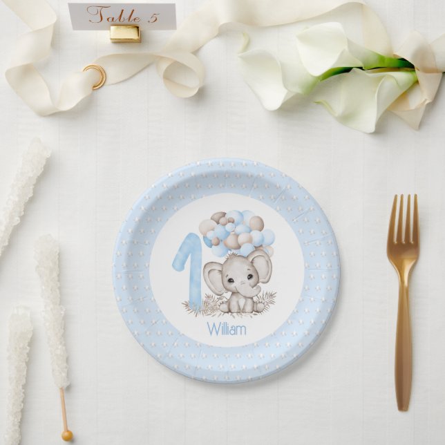 First Birthday Boy Elephant Blue Paper Plates (Wedding)