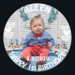 First Birthday Boy Photo Sticker<br><div class="desc">Cute sticker you can personalise by uploading your own son's  photo along with adding his name and birth date in the customise area.</div>