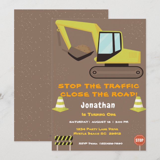  First Birthday Boys Construction Party  Invitation (Front/Back)