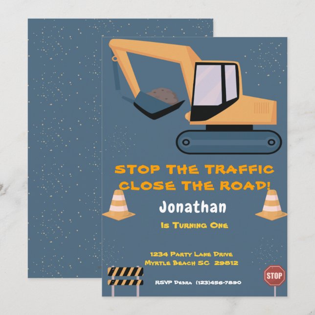  First Birthday Boys Construction Party  Invitation (Front/Back)