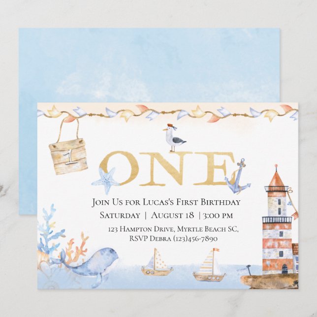 First Birthday Boys Nautical Blue Lighthouse (Front/Back)