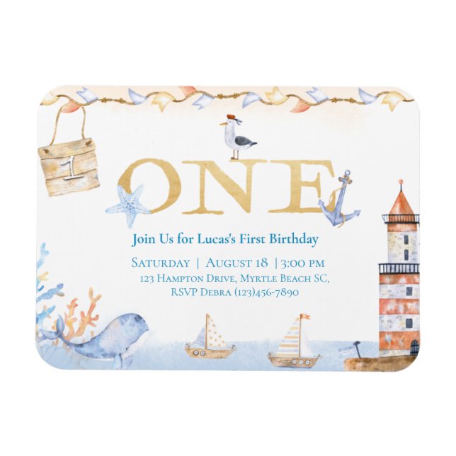 First Birthday Boys Nautical Blue Lighthouse Magnet (Horizontal)