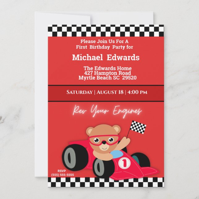 First Birthday Boys Race Car Invitations (Front)