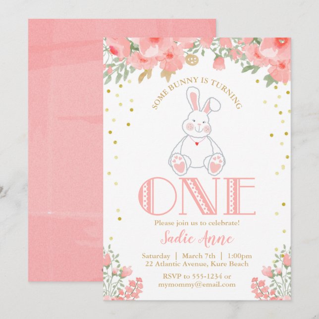 First Birthday Bunny Birthday Blush Pink Gold Invitation (Front/Back)
