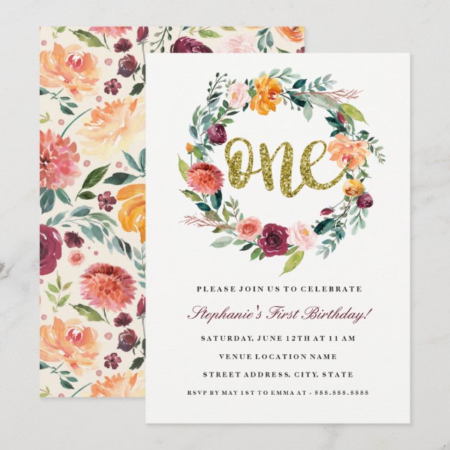 First Birthday Burgundy Gold Floral Wreath Invite (Front/Back)