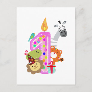 first birthday candle zoo party animals postcard