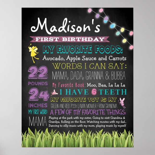 First Birthday Chalkboard Sign "Fairies" 16x20 (Front)