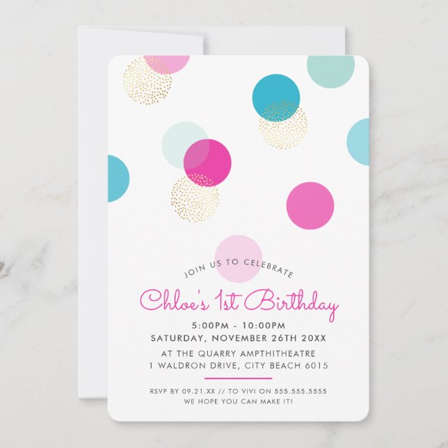 FIRST BIRTHDAY confetti spots pink mint aqua gold Invitation (Front)