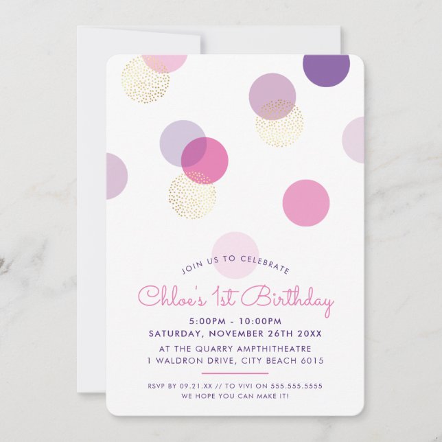 FIRST BIRTHDAY confetti spots pink purple gold Invitation (Front)