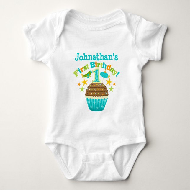 First Birthday Cupcake (Boys) Baby Bodysuit (Front)