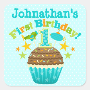 First Birthday Cupcake (Boys) Square Sticker