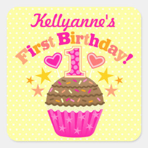 First Birthday Cupcake (Girls) Square Sticker