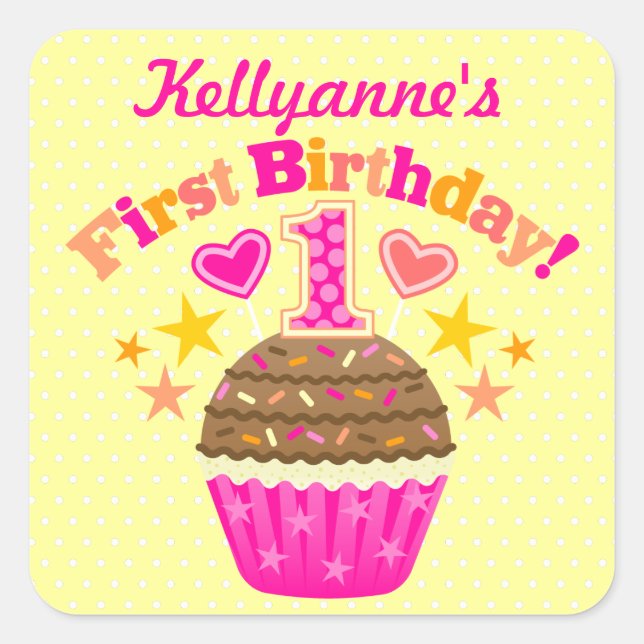 First Birthday Cupcake (Girls) Square Sticker (Front)