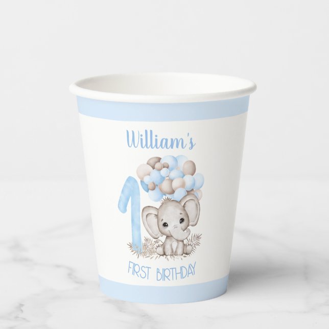 First Birthday Cups with Cute Elephant Blue (Front)