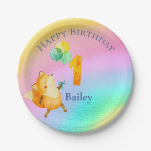 First Birthday Custom Name Rainbow Balloons  Paper Plate