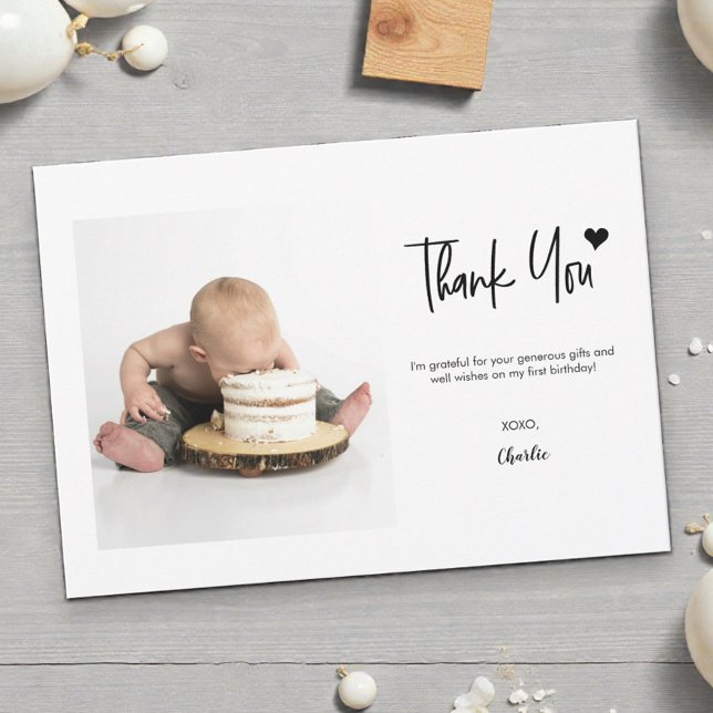 First Birthday Custom Photo Modern handlettering  Thank You Card (Photo first birthday thank you for coming to my party card templates.)