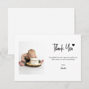 First Birthday Custom Photo Modern script note Thank You Card