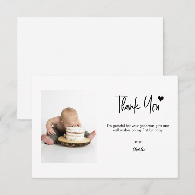 First Birthday Custom Photo Modern script note  Thank You Card (Front/Back)