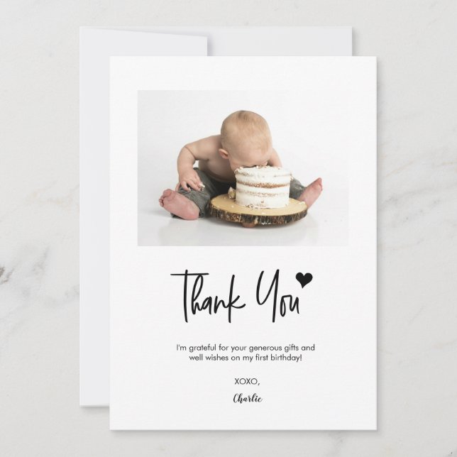 First Birthday Custom Photo Modern script vertical Thank You Card (Front)