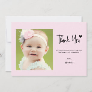 First Birthday Custom Photo Pink handlettering Thank You Card