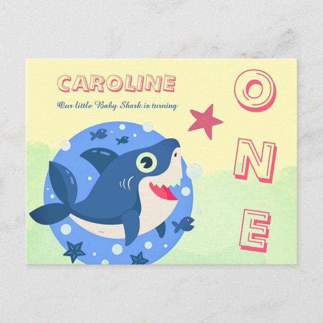 First birthday cute baby shark ocean yellow green invitation postcard (Front)