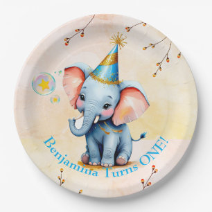 First Birthday Cute Blue Elephant Golden Floral Paper Plate