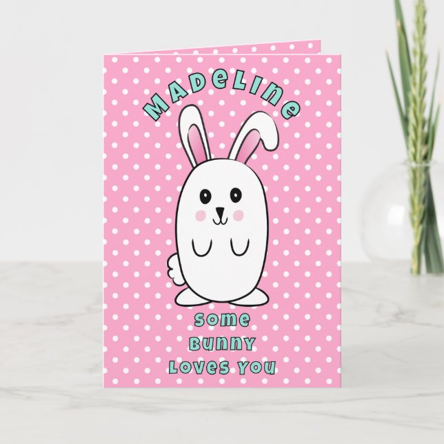  First Birthday Cute Bunny Cartoon Pink Birthday Card (Front)