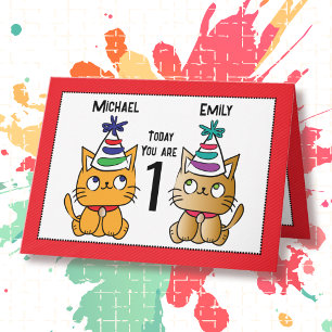 First Birthday Cute Cat Cartoon Twin Personalised  Card