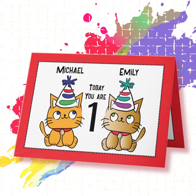 First Birthday Cute Cat Cartoon Twin Personalised  Card (Creator Uploaded)