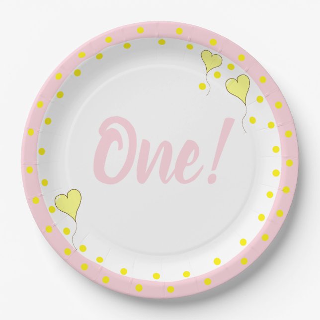 First Birthday Cute Confetti and Heart Balloons Paper Plate (Front)