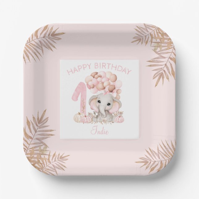 First Birthday Cute Elephant Fall Girl Paper Plate (Front)