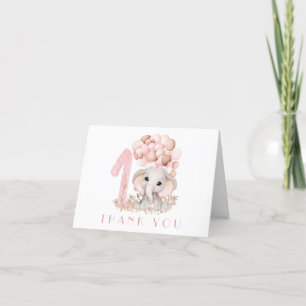 First Birthday Cute Elephant In Pink Thank You Card