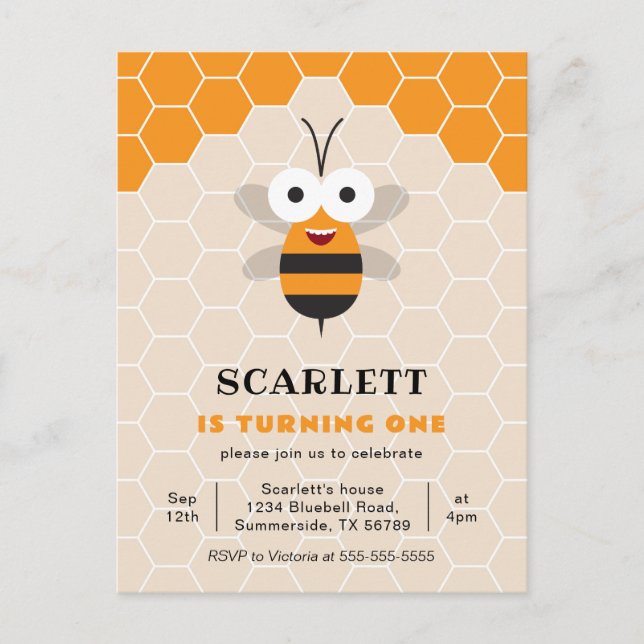 First Birthday Cute Honey Bee Honeycomb Invitation Postcard (Front)