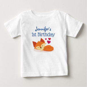 First Birthday Cute Orange Fox with Hearts Baby T-Shirt