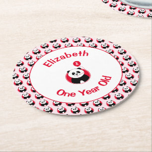 First birthday cute panda red balloon add name round paper coaster