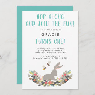 First Birthday Cute Spring Rabbit Birthday Party Invitation