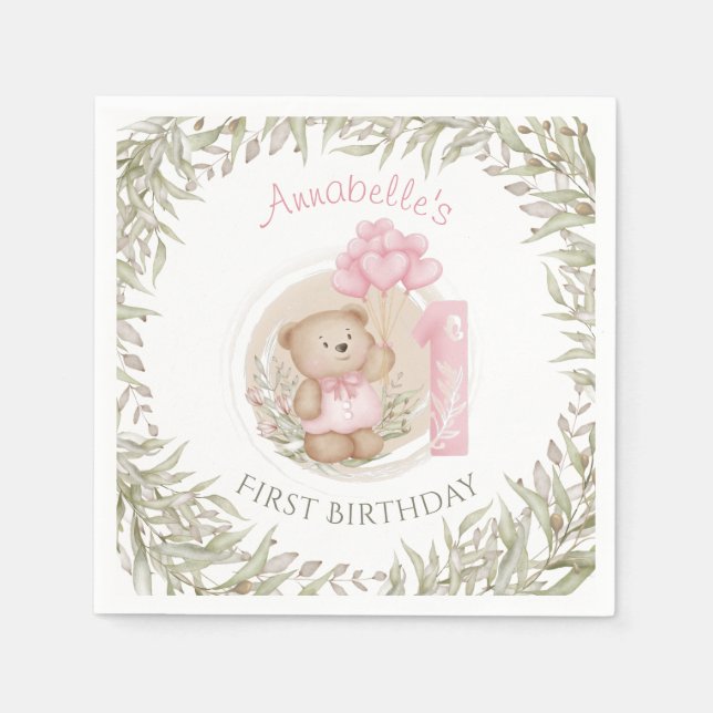 First Birthday Cute Teddy Bear Heart Balloons Napkin (Front)