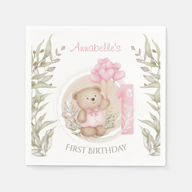 First Birthday Cute Teddy Bear Heart Balloons Napkin (Front)