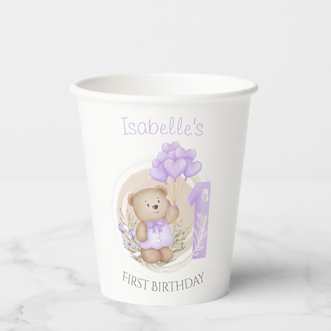 First Birthday Cute Teddy Bear Heart Balloons  Paper Cups (Front)
