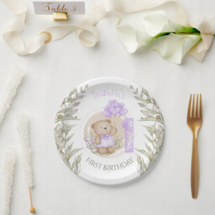 First Birthday Cute Teddy Bear Heart Balloons Paper Plate