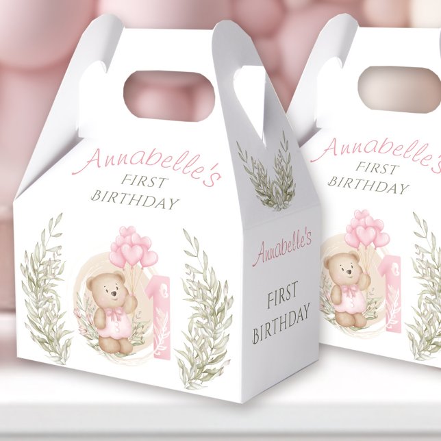 First Birthday Cute Teddy Bear Heart Balloons Pink Favour Box (First Birthday Cute Teddy Bear Heart Balloons Pink Favor Boxes)