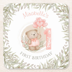 First Birthday Cute Teddy Bear Heart Balloons Square Paper Coaster