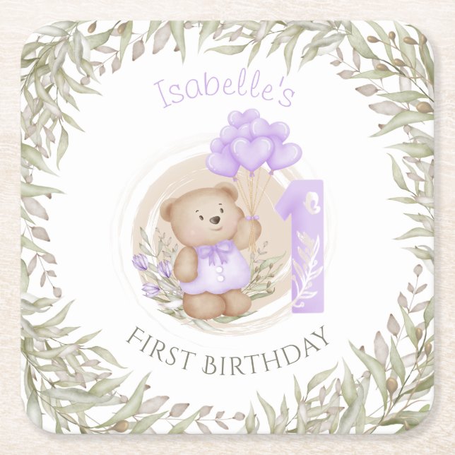 First Birthday Cute Teddy Bear Heart Balloons Square Paper Coaster (Front)