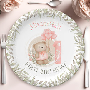 First Birthday Cute Teddy Bear Peach Paper Plate