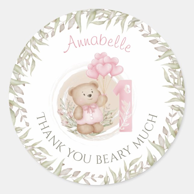 First Birthday Cute Teddy Bear Thank You Classic Round Sticker (Front)
