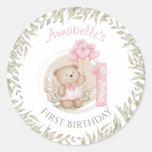 First Birthday Cute Teddy Bear with Balloons  Classic Round Sticker