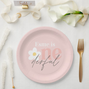 First birthday daisy boho retro girly pink paper plate